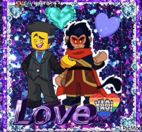 a picture of two lego characters with the word love in the corner