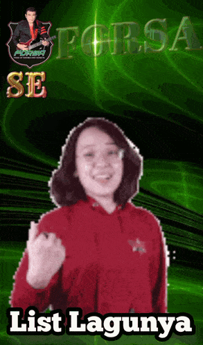 a woman in a red hoodie is smiling in front of a green background that says forsa