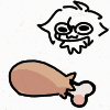 a cartoon cat is eating a piece of chicken .