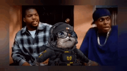 a man and a cat are standing next to each other in a room . the cat is wearing headphones and goggles .