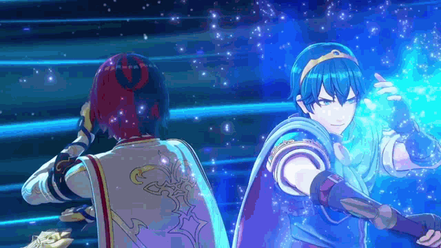 a video game character with blue hair is standing next to another character with red hair .