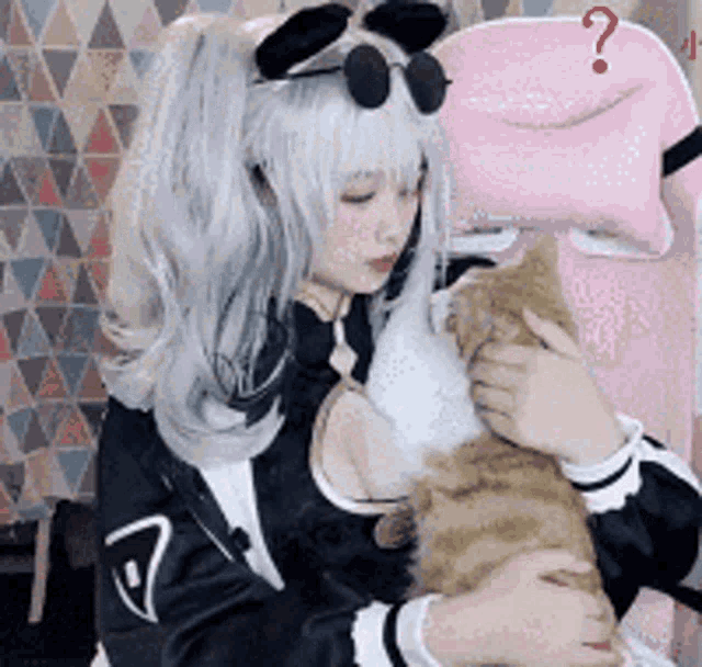 a woman is holding a cat in her arms while wearing sunglasses and a wig .
