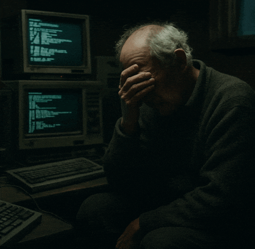 a man covering his face in front of a computer monitor that says ' a ' on it