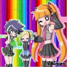 a group of anime girls are standing next to each other on a rainbow background