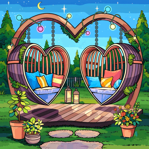 two heart shaped swings with pillows and lanterns in a garden