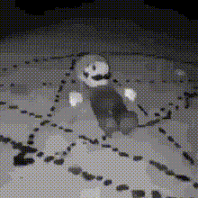 a black and white image of a cartoon character with a mustache