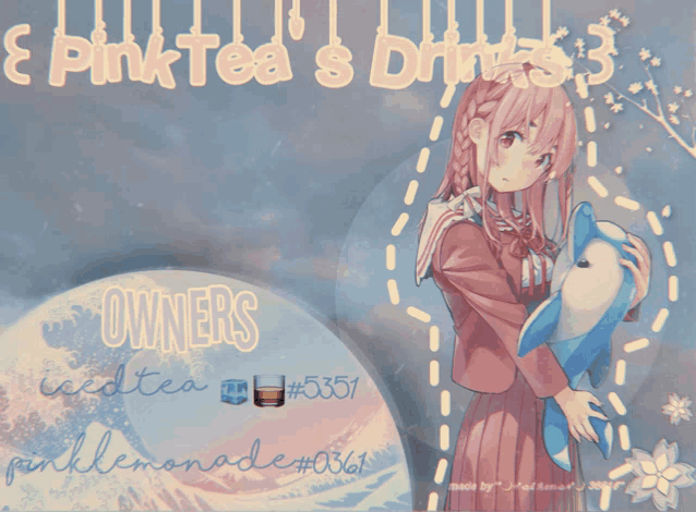 a poster for pink tea 's drinks 3 with a girl holding a whale