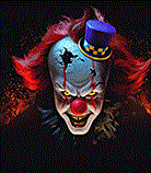 a painting of a scary clown with a top hat on .