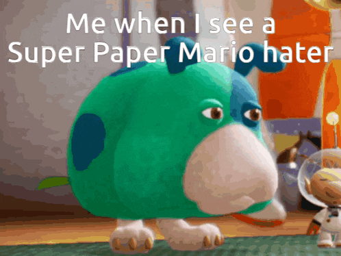 a stuffed animal that says me when i see a super paper mario hater on it