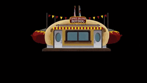 a cartoon character is eating a hot dog in front of a coney island hot dog stand