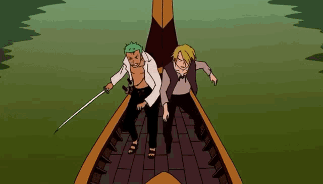a cartoon of a man holding a sword standing next to another man on a boat