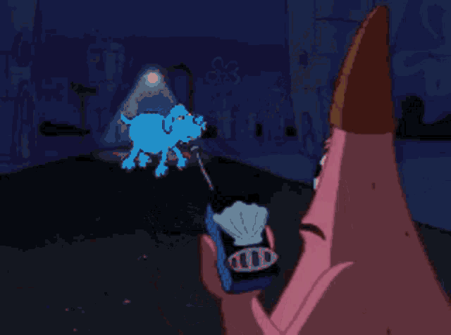 a cartoon character says he 's just standing there while holding a blue dog on a leash