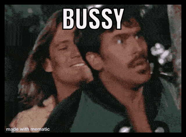 a picture of a man and woman with the word bussy on it