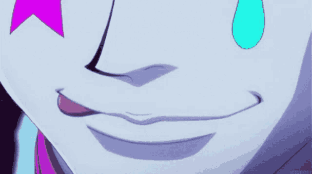 a close up of a cartoon character 's face with a pink star and a blue tear