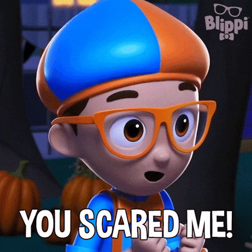 a cartoon character says " you scared me " in front of pumpkins