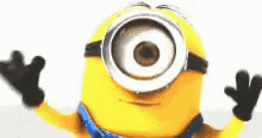 a yellow minion with a big eye and black hands is waving .
