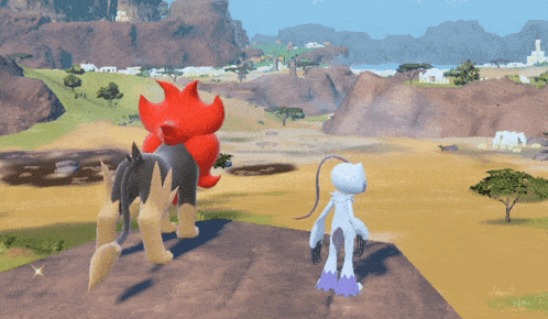a video game scene with a red lion and a white lion