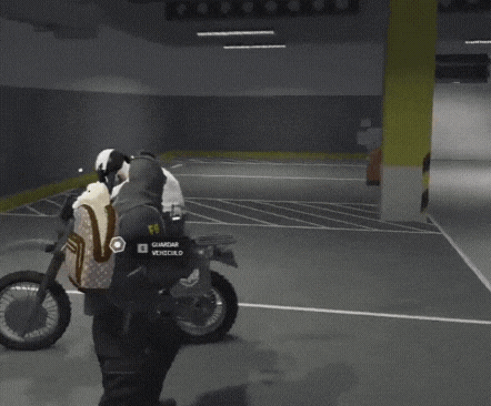 a man with a backpack and a louis vuitton backpack stands next to a man on a motorcycle