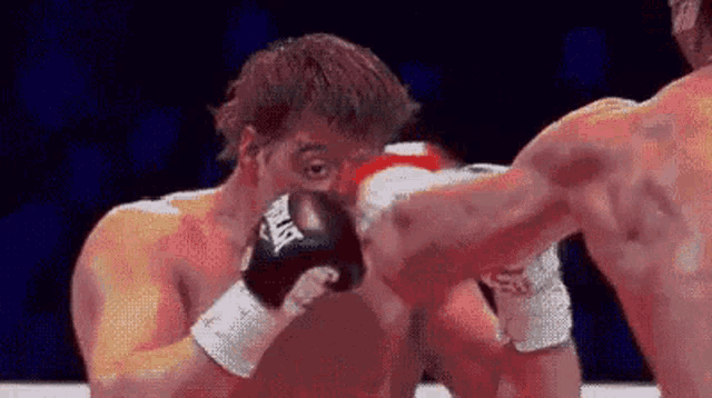 two men are boxing in a ring and one man is wearing everlast gloves .