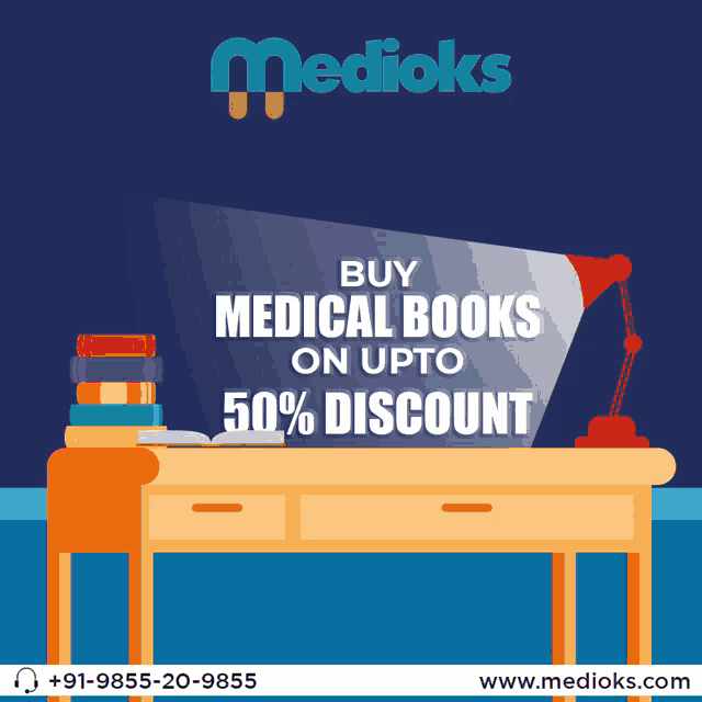 an advertisement for medioks shows a desk with a lamp and books on it