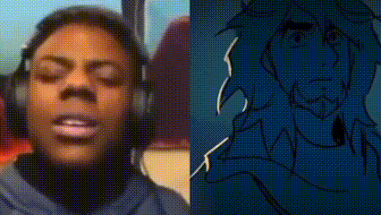 a woman wearing headphones is next to a drawing of a lion 's face .