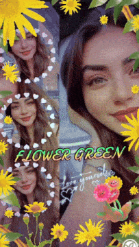 a woman is surrounded by flowers and the words " flower green "