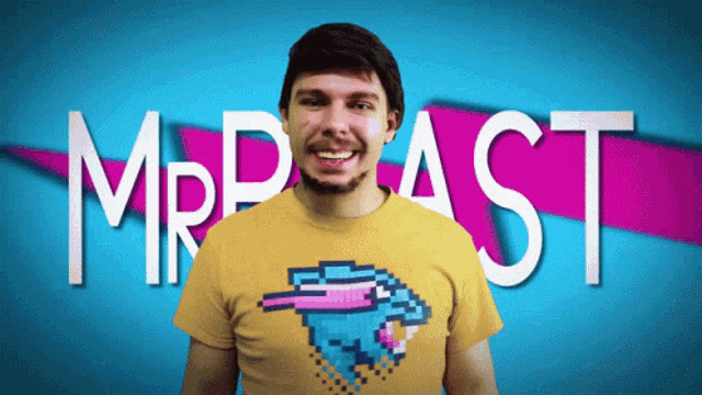 a man wearing a yellow t-shirt that says mr.beast