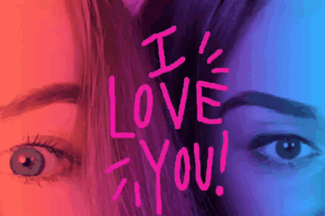 a close up of a woman 's face with the words " i love you " on it