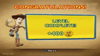 woody from toy story is standing next to a sign that says congratulations ! level complete !