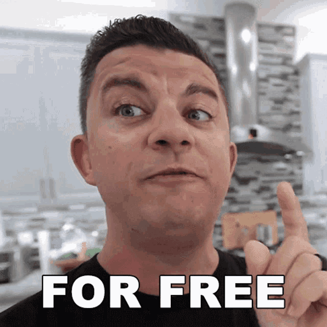 a man making a face and pointing up with the words for free behind him