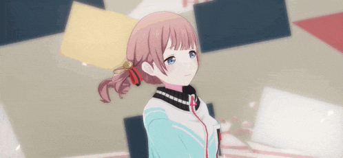 a girl with pink hair is wearing a ponytail and a blue jacket