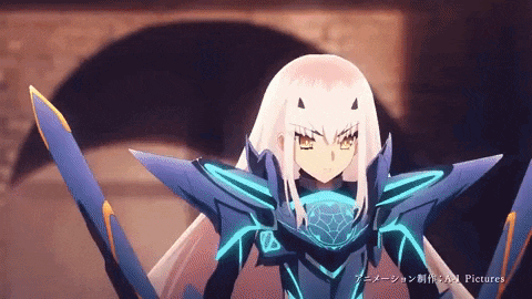 a girl with long white hair is wearing a blue armor with a spider on it .