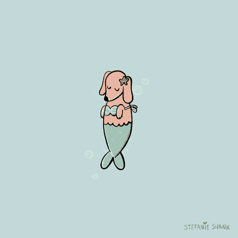 a drawing of a dog dressed as a mermaid with the name stefanie shank below it