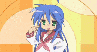 a girl with blue hair and green eyes is pointing her finger at herself