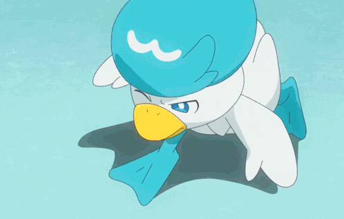 a blue and white cartoon duck with a yellow beak