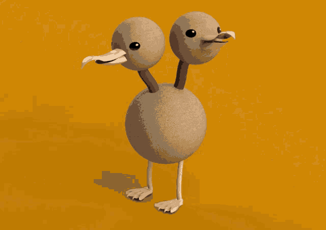 a cartoon bird with two heads and long legs