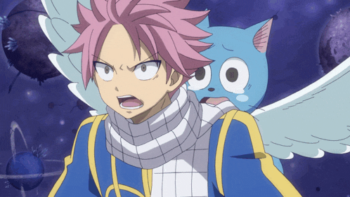 a boy with pink hair is standing next to a cat with white wings