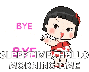 a cartoon girl is waving her hand and saying `` bye sleeptime , hello morning time '' .