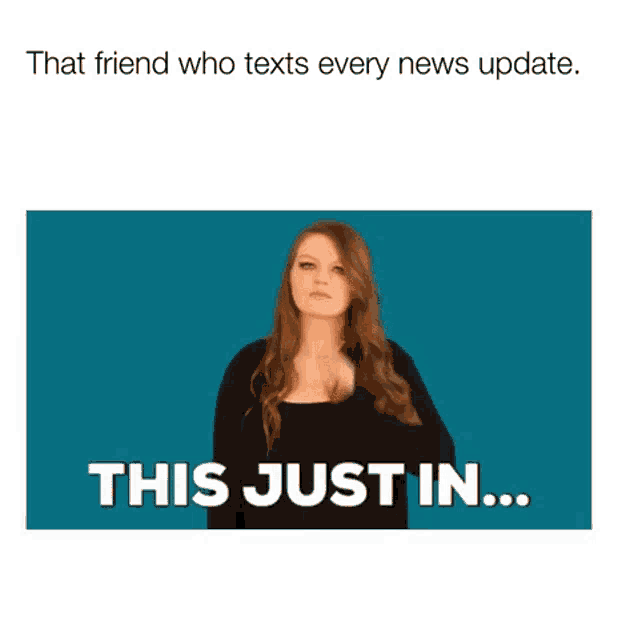a woman says " this just in " on a blue background