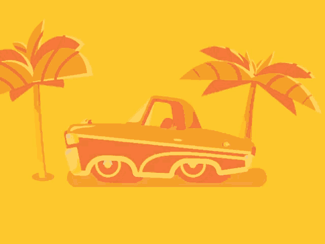 a purple truck is driving on a road next to a palm tree