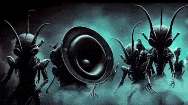 a group of aliens standing next to each other in a foggy room .