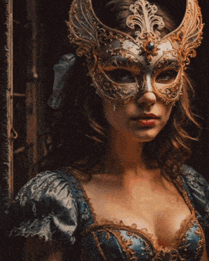 a woman wearing a mask and a blue dress stands in front of a window