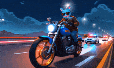 a cartoon of a man riding a motorcycle with brett on the side