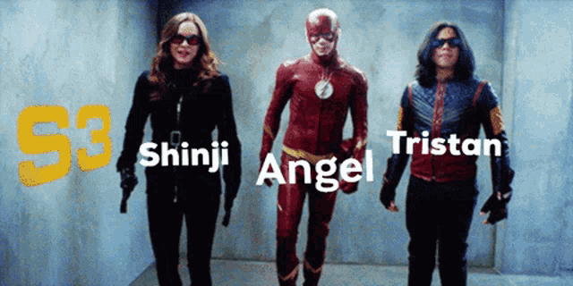 three superhero characters are standing next to each other with the letters s3 behind them