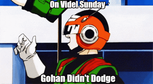a cartoon character with the caption on videl sunday gohan didn 't dodge