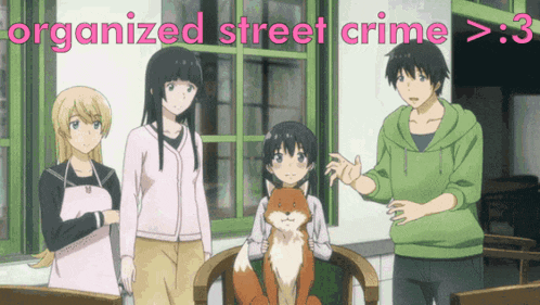 a group of anime characters standing in front of a window with the words organized street crime written above them