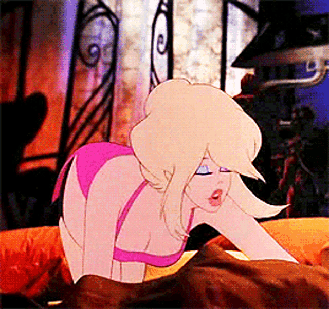 a cartoon of a woman in a pink bikini is laying on a bed