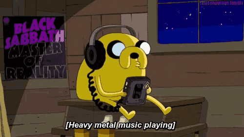a cartoon character says heavy metal music playing in front of a black sabbath master reality poster