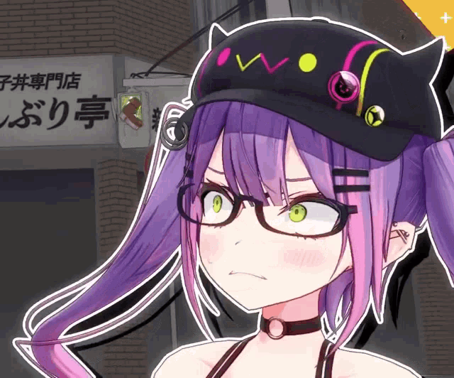 a girl with purple hair and glasses stands in front of a sign that says ' a '
