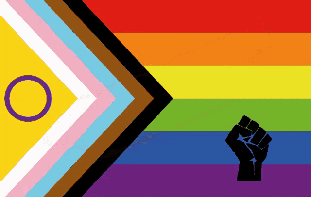 a rainbow flag with a black fist in the corner